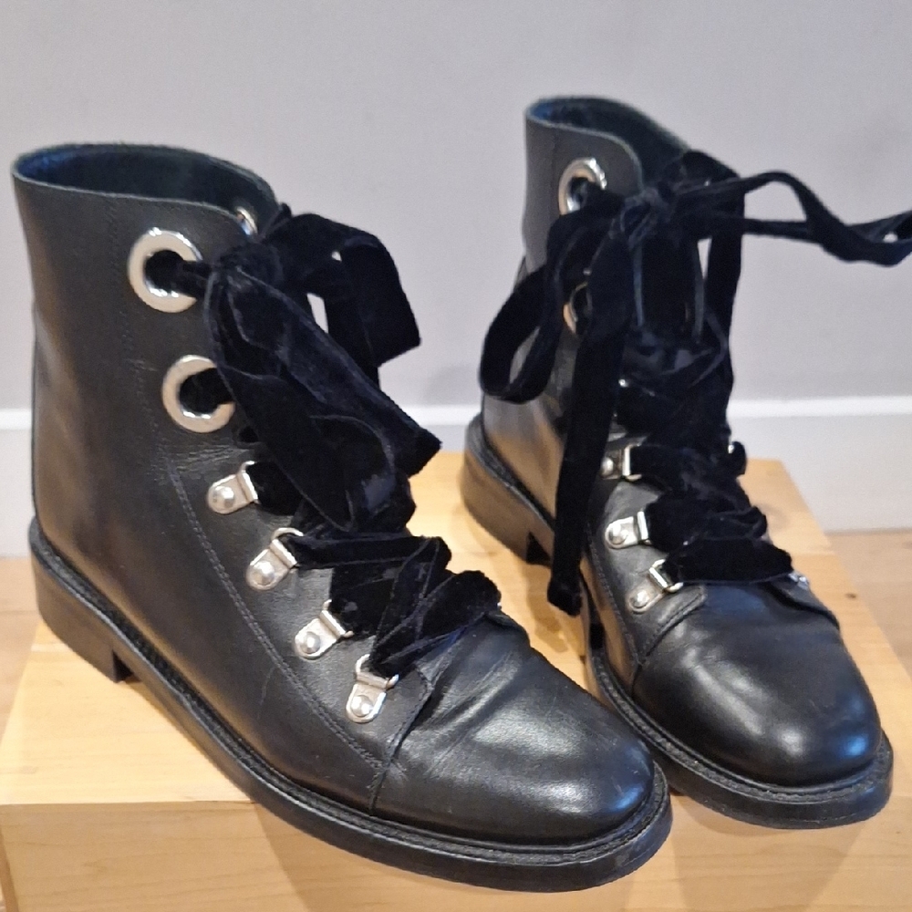 Black Lace Up Boots with Polished Leather and Sturdy Sole